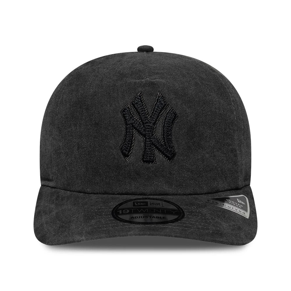 New York Yankees MLB Black New Era 19TWENTY Adjustable Cap, front view showing the black raised embroidered NY logo on the structured black crown, with a matching black curved visor and the 19TWENTY size sticker on the top.