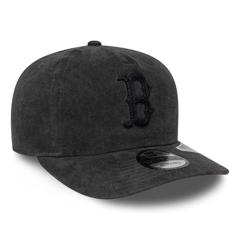 Boston Red Sox MLB Black New Era 19TWENTY Adjustable Cap, three-quarter view showing the raised embroidered black B logo on the front panel, a curved black visor, and the 19TWENTY size sticker on the visor's top.