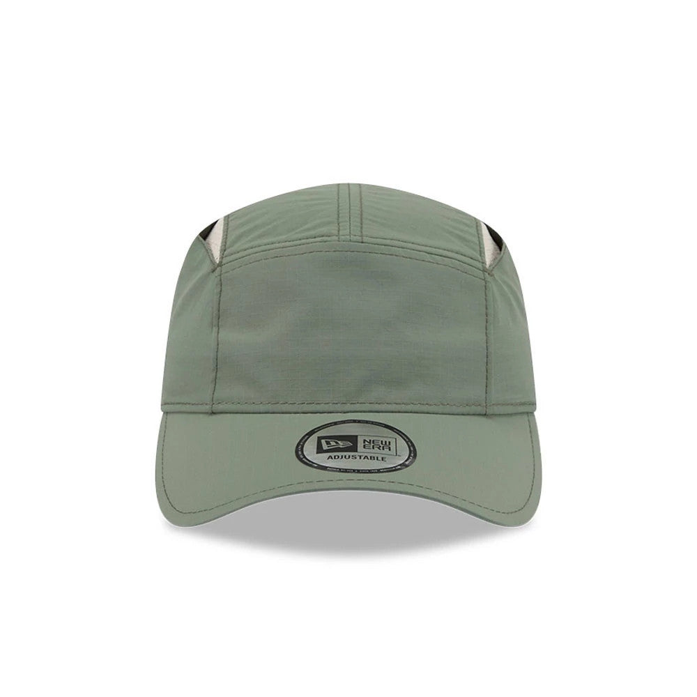 New Era Elevated Basics Open Green Runner Adjustable Cap, front view showing a New Era branded size sticker on the green curved visor, with prominent front panel seams, and unique side openings near the crown seams.