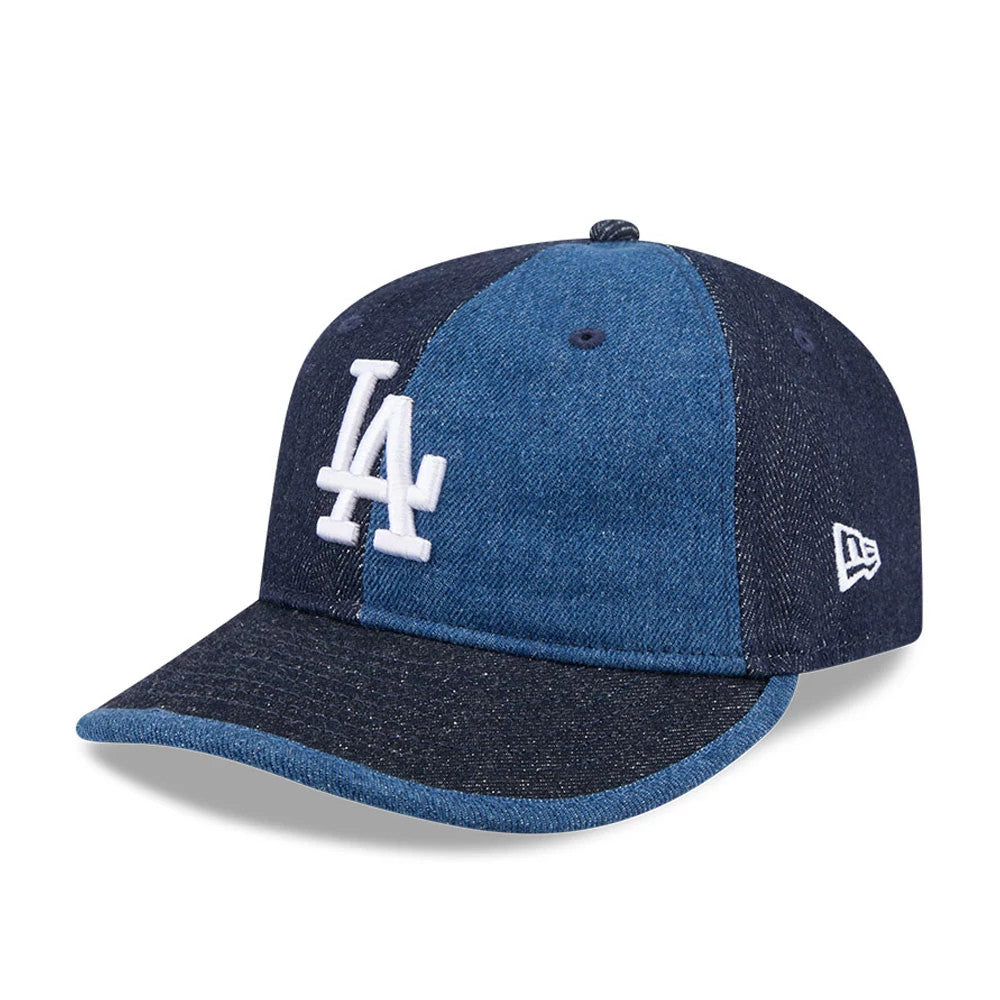LA Dodgers MLB Multipanel Navy Retro Crown New Era 59FIFTY Fitted Cap, three-quarter view showing the white raised embroidered LA logo on the front panel, the two-tone navy and denim blue panels, and the New Era flag logo on the left side.