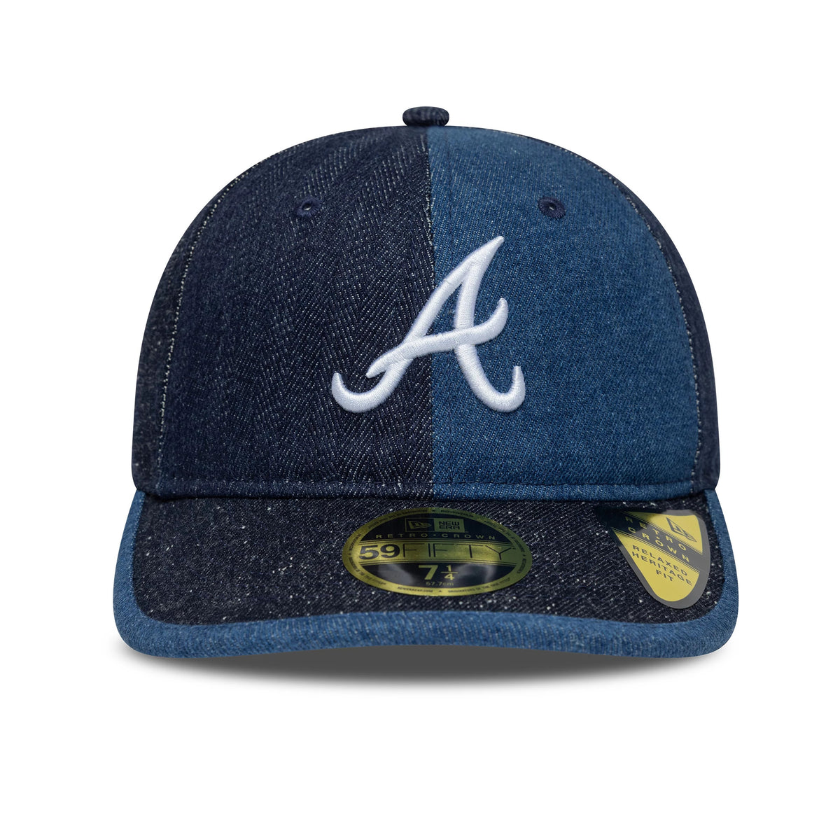 Atlanta Braves MLB Multipanel Navy Retro Crown New Era 59FIFTY Fitted Cap, front view showing a white raised embroidered A logo on the blue front panels, a denim-textured flat visor with a gold 59FIFTY size sticker, and contrasting panel shades.