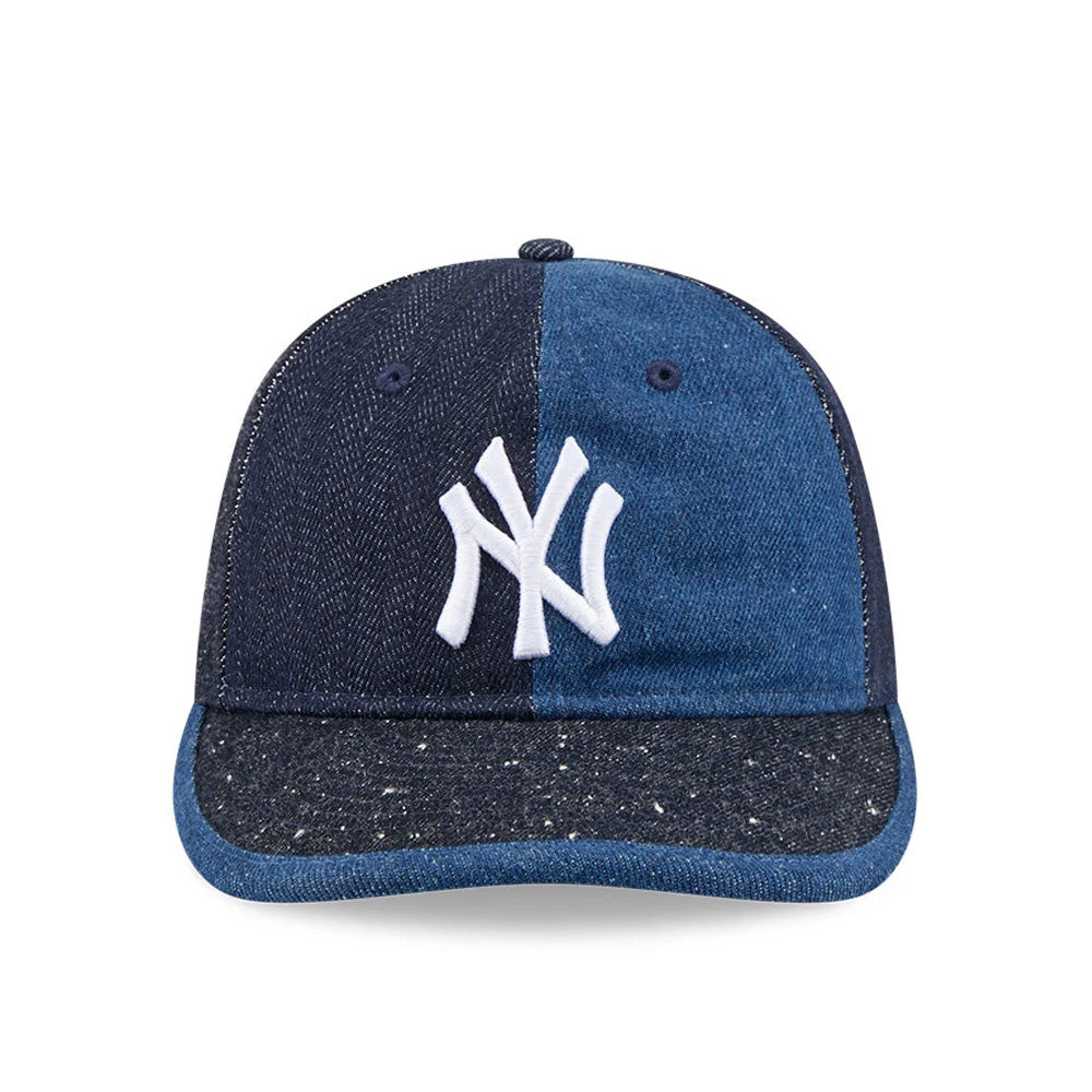 New York Yankees MLB Multipanel Navy Retro Crown New Era 59FIFTY Fitted Cap, front view showing the white embroidered Yankees logo on a denim-style multipanel crown with contrasting navy shades, and a speckled navy visor.
