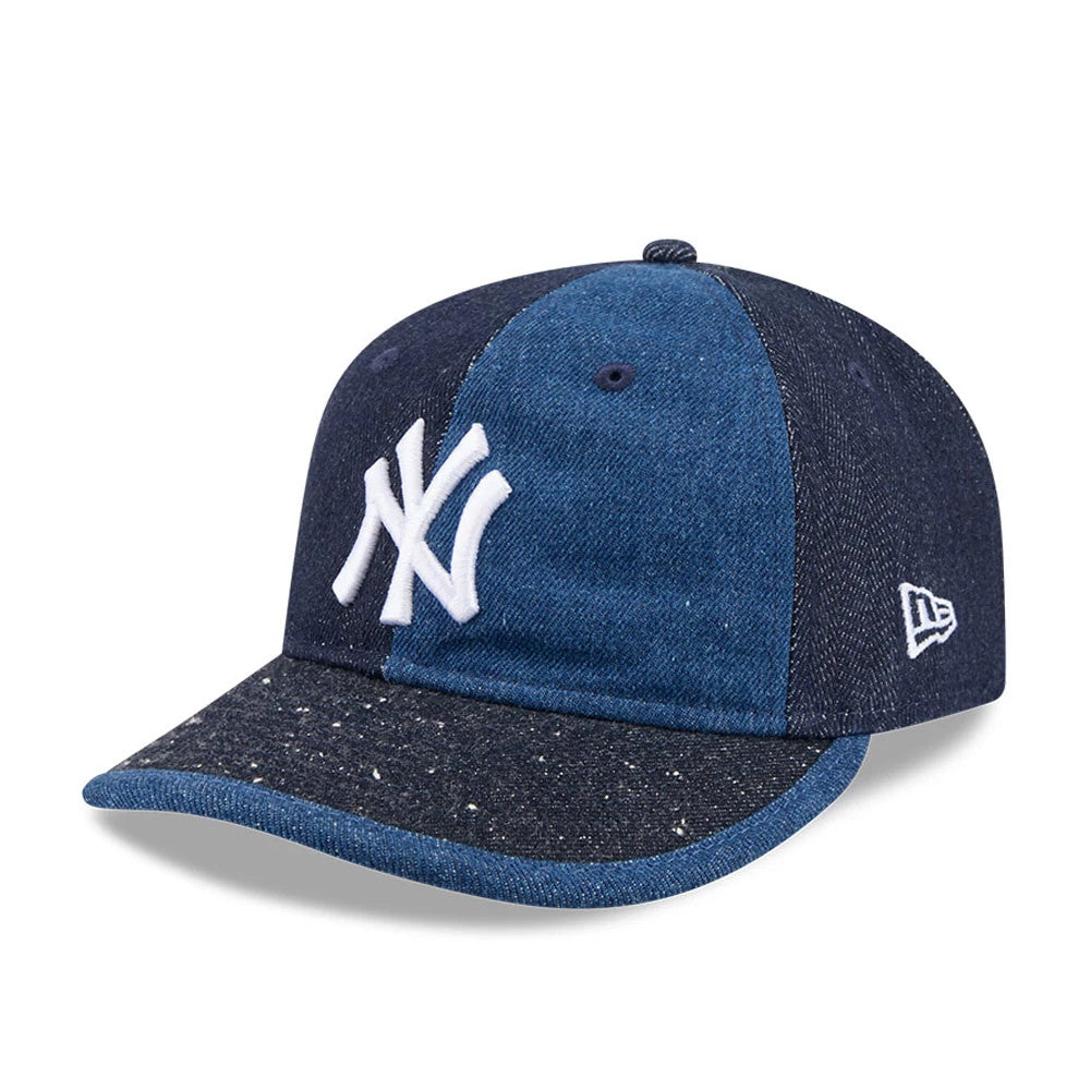 New York Yankees MLB Multipanel Navy Retro Crown New Era 59FIFTY Fitted Cap, three-quarter view showing the white raised embroidered NY logo on the front panels, with a speckled navy visor and New Era flag logo on the left side.