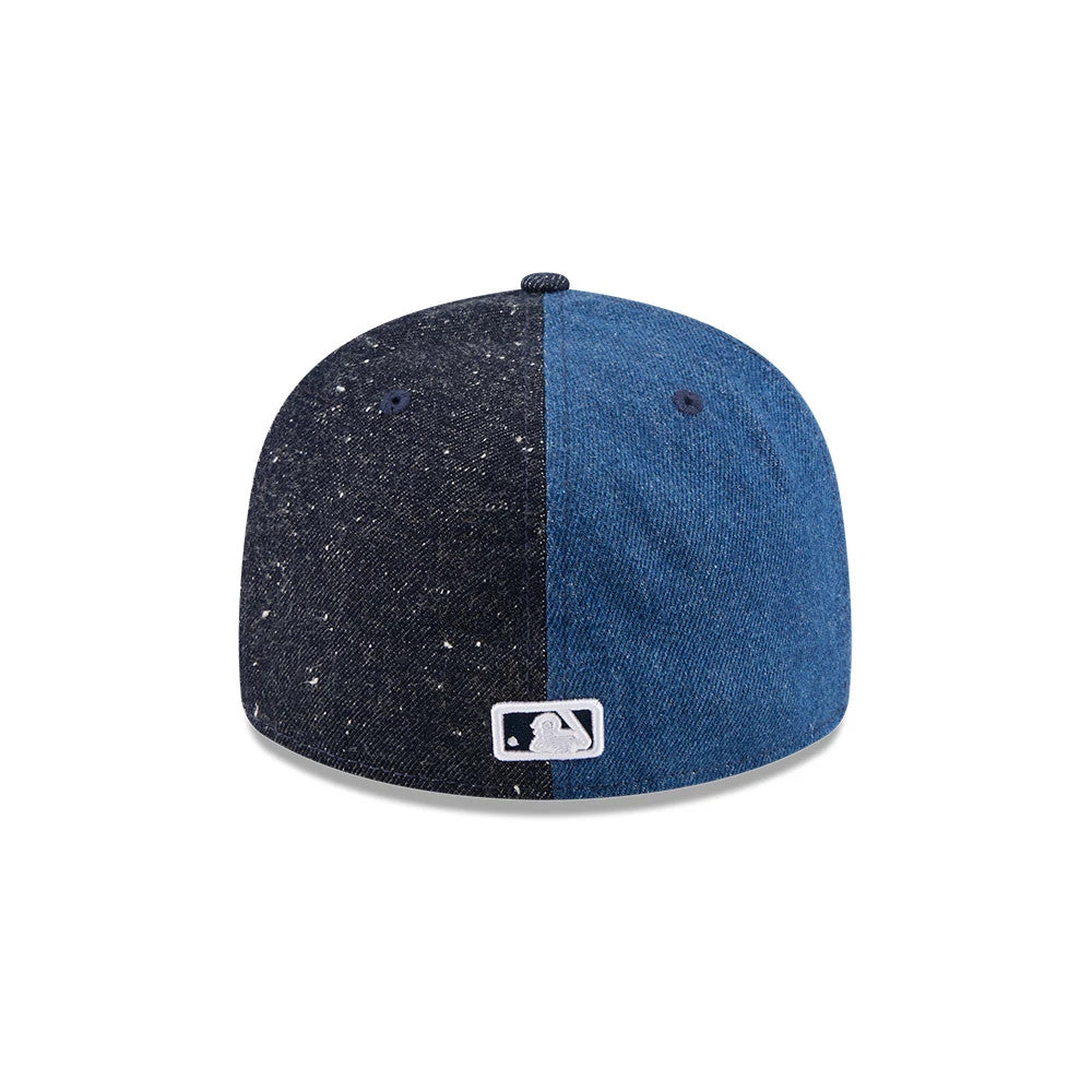 New York Yankees MLB Multipanel Navy Retro Crown New Era 59FIFTY Fitted Cap, rear view showing the white embroidered MLB Batterman logo at the centre back, with a speckled black and solid navy colour block design with matching navy eyelets.