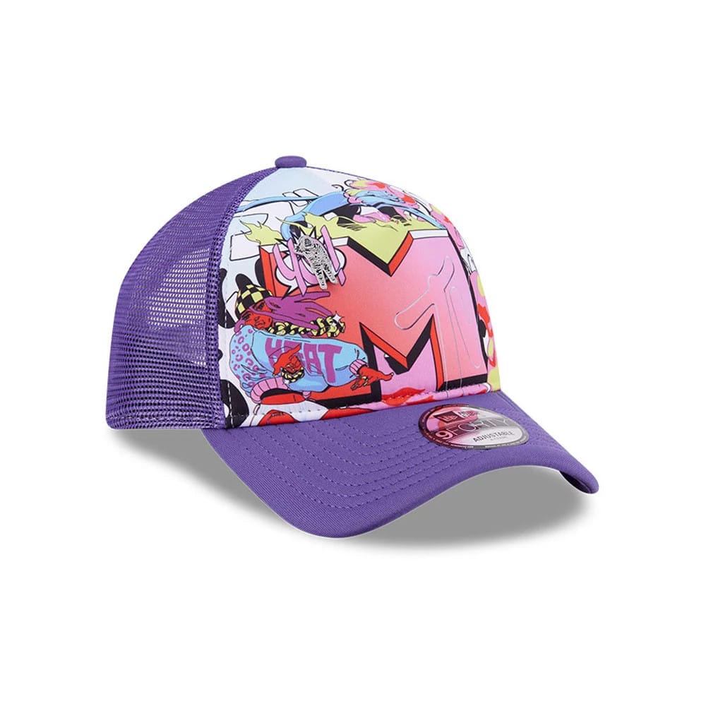 Pictured is this MTV Graphic 9FORTY A-Frame Trucker cap in purple. 3