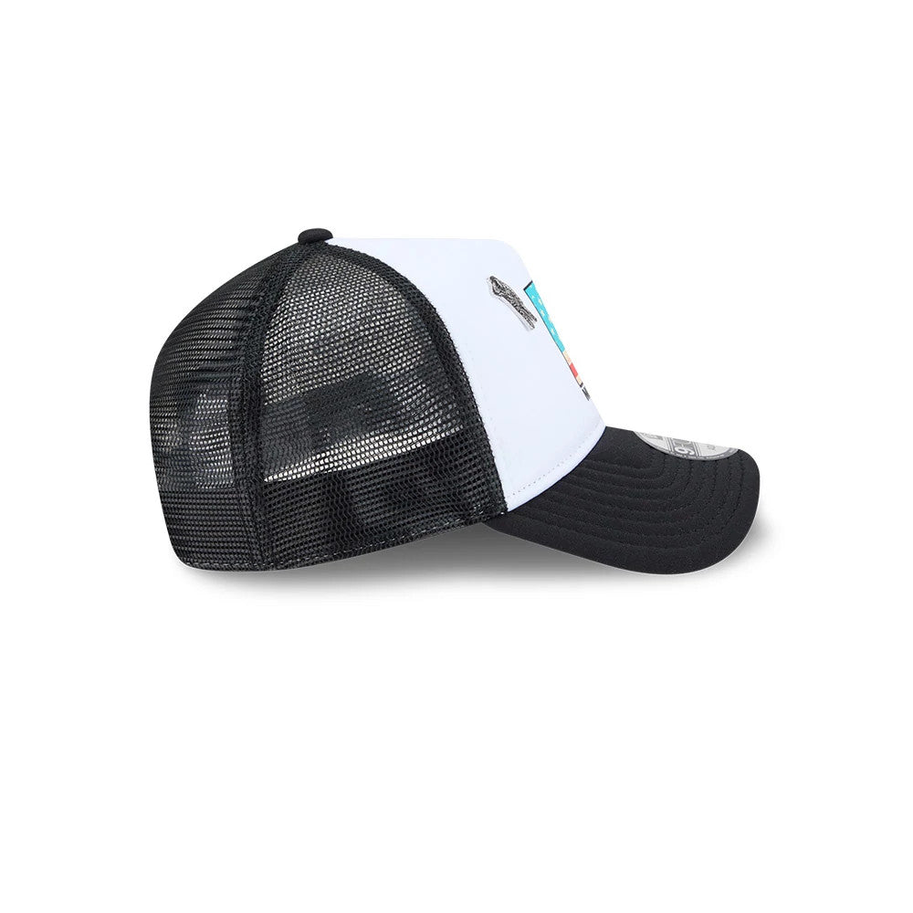 Pictured is this MTV Logo 9FORTY A-Frame Trucker cap in black. 6