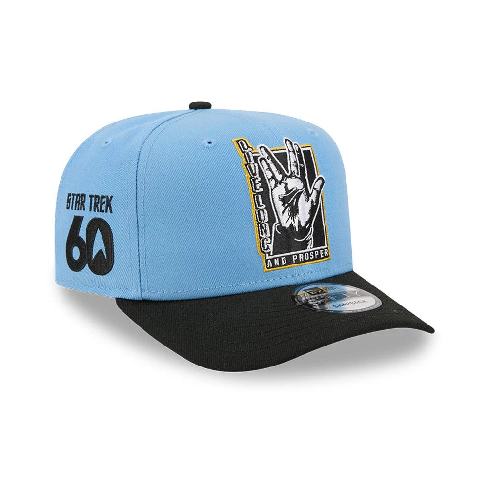 Star Trek Live Long And Prosper Pastel Blue New Era 9FIFTY Snapback Adjustable Cap, three-quarter view showing the raised black and white embroidered hand symbol logo on the front panel, with black visor and 9FIFTY size sticker.