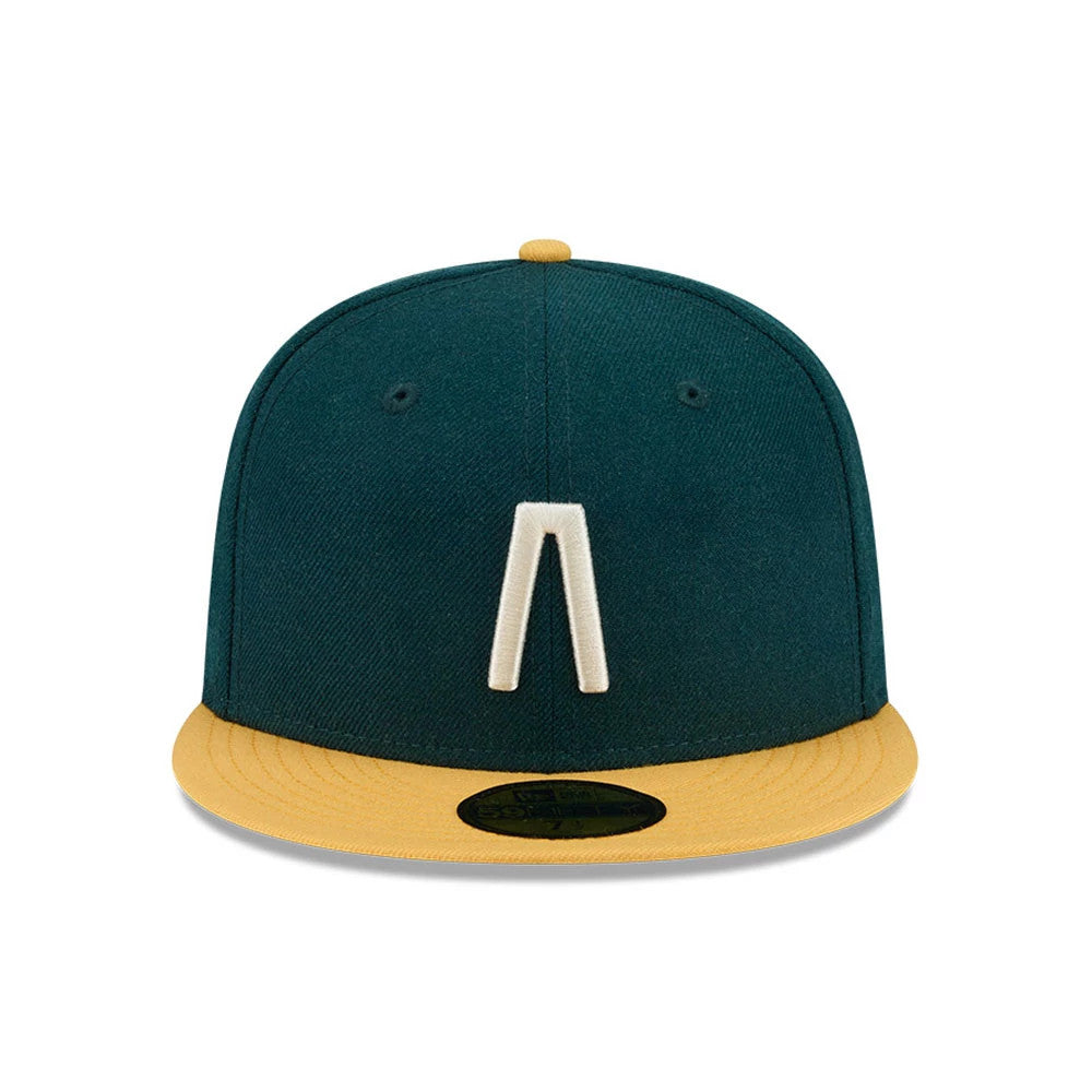 Pictured is this Fear Of God X MLB Logo 59FIFTY Fitted cap in dark green & yellow. 3