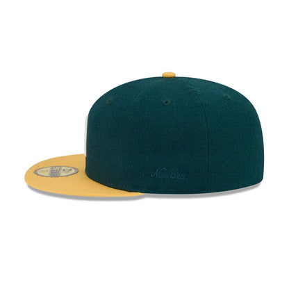 Pictured is this Fear Of God X MLB Logo 59FIFTY Fitted cap in dark green & yellow. 6