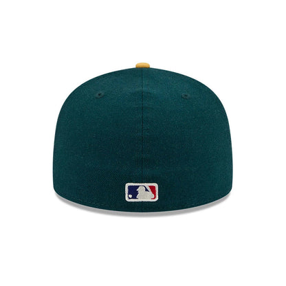 Pictured is this Fear Of God X MLB Logo 59FIFTY Fitted cap in dark green & yellow. 5