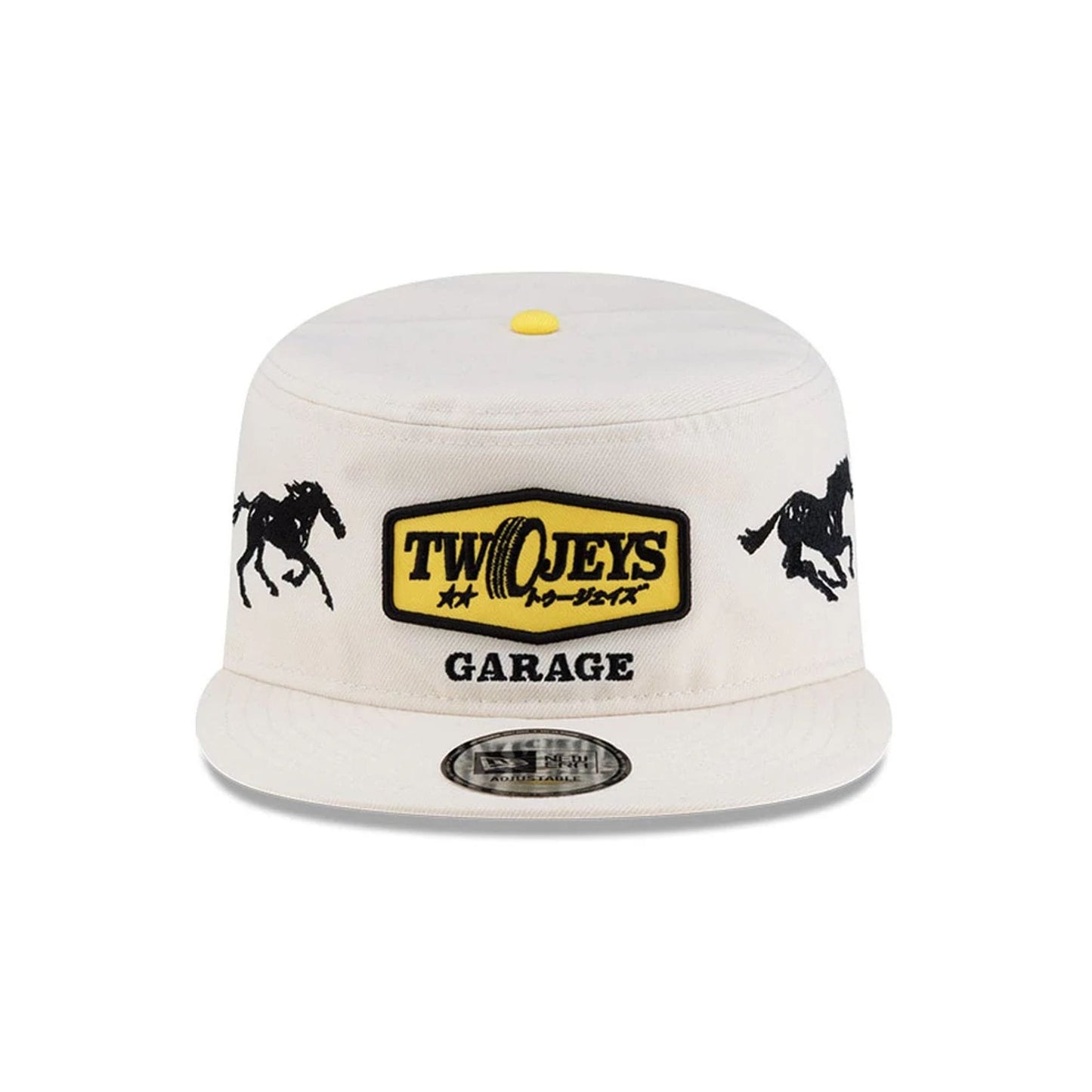 Pictured is this Twojeys X New Era Garage Pillbox Adjustable cap in Cream. 3