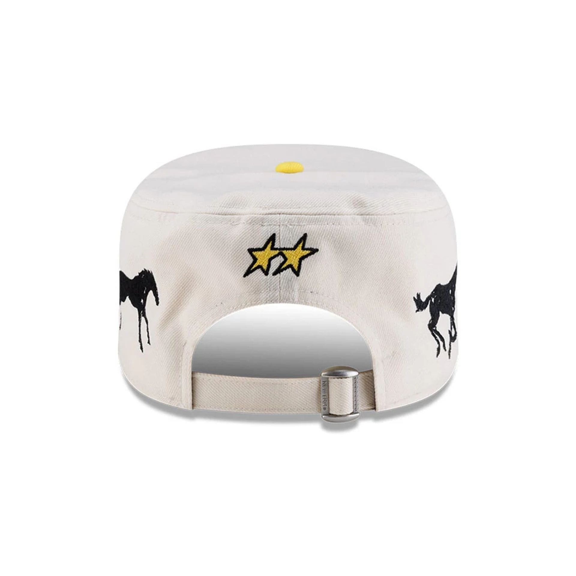 Pictured is this Twojeys X New Era Garage Pillbox Adjustable cap in Cream. 6