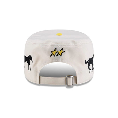 Pictured is this Twojeys X New Era Garage Pillbox Adjustable cap in Cream. 6