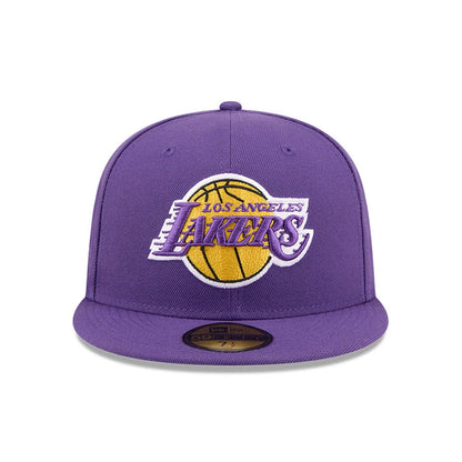 LA Lakers NBA X J-FROST Purple New Era 59FIFTY Fitted Cap, front view showing the raised embroidered Los Angeles Lakers logo in purple and gold on the front panel, with a flat purple visor and a gold 59FIFTY size sticker.