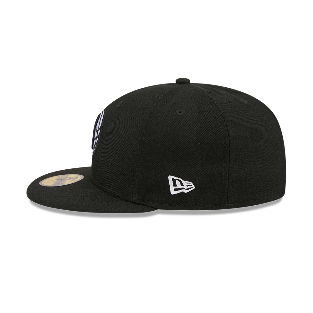 Brooklyn Nets NBA X J-FROST Black New Era 59FIFTY Fitted Cap, side view showing the white embroidered New Era flag logo on the left side, a structured black crown with embroidered eyelets, and a flat black visor with a gold 59FIFTY size sticker.