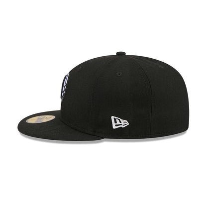 Brooklyn Nets NBA X J-FROST Black New Era 59FIFTY Fitted Cap, side view showing the white embroidered New Era flag logo on the left side, a structured black crown with embroidered eyelets, and a flat black visor with a gold 59FIFTY size sticker.