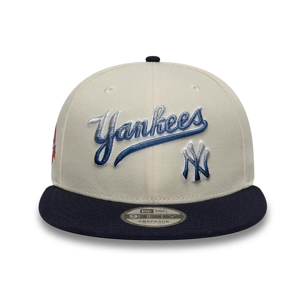 Pictured is this MLB Ombre Script New York Yankees 9FIFTY Snapback cap in light beige. 2