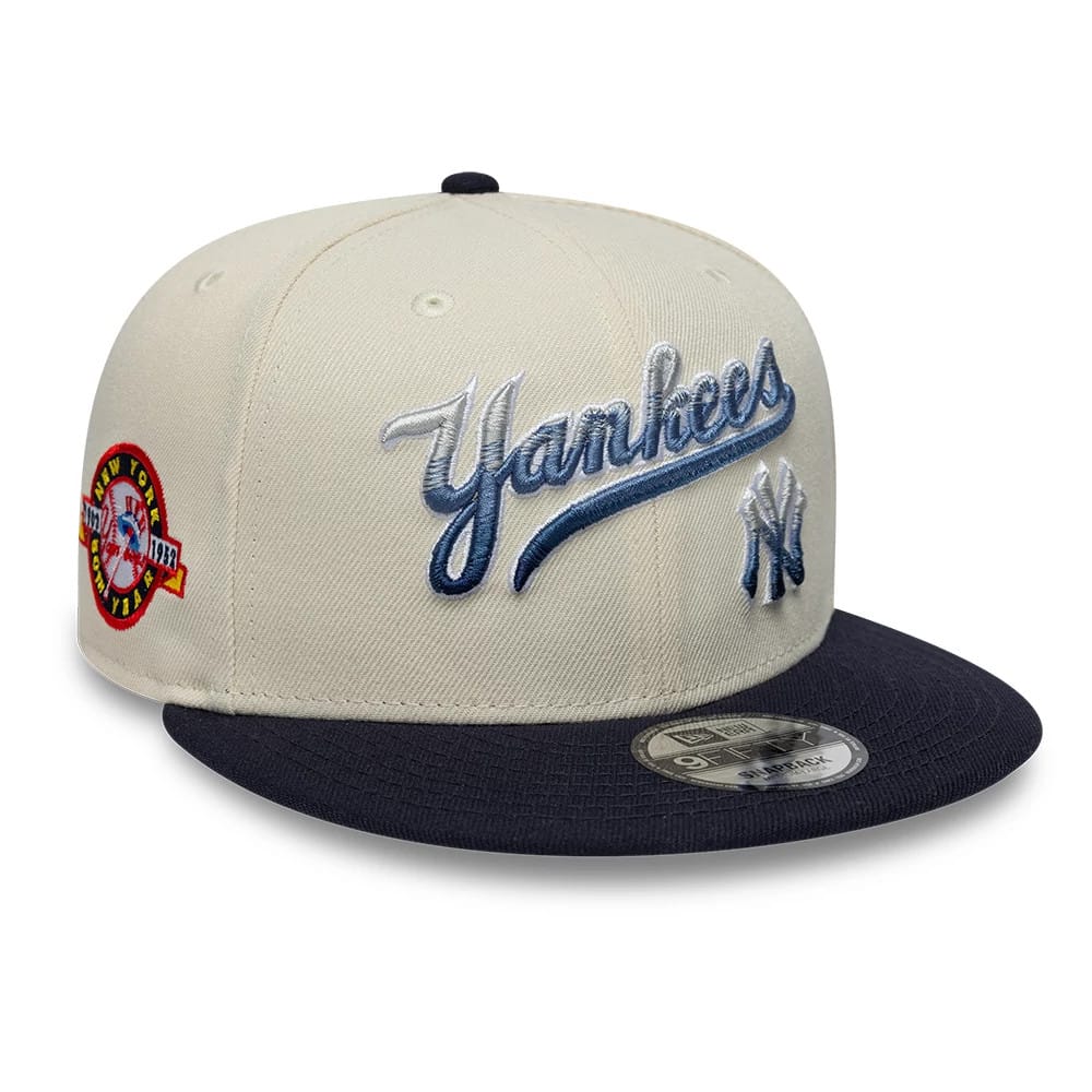 Pictured is this MLB Ombre Script New York Yankees 9FIFTY Snapback cap in light beige. 1