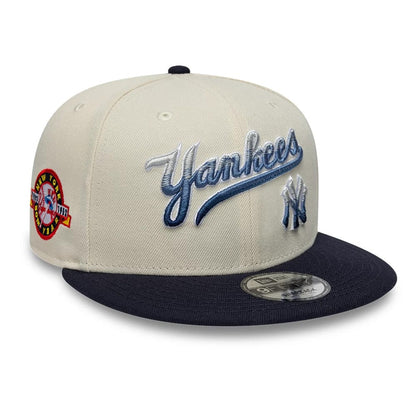 Pictured is this MLB Ombre Script New York Yankees 9FIFTY Snapback cap in light beige. 1