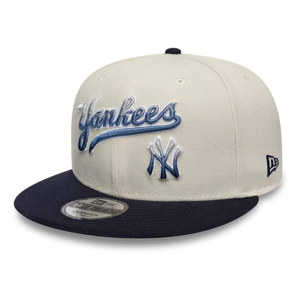 Pictured is this MLB Ombre Script New York Yankees 9FIFTY Snapback cap in light beige. 3