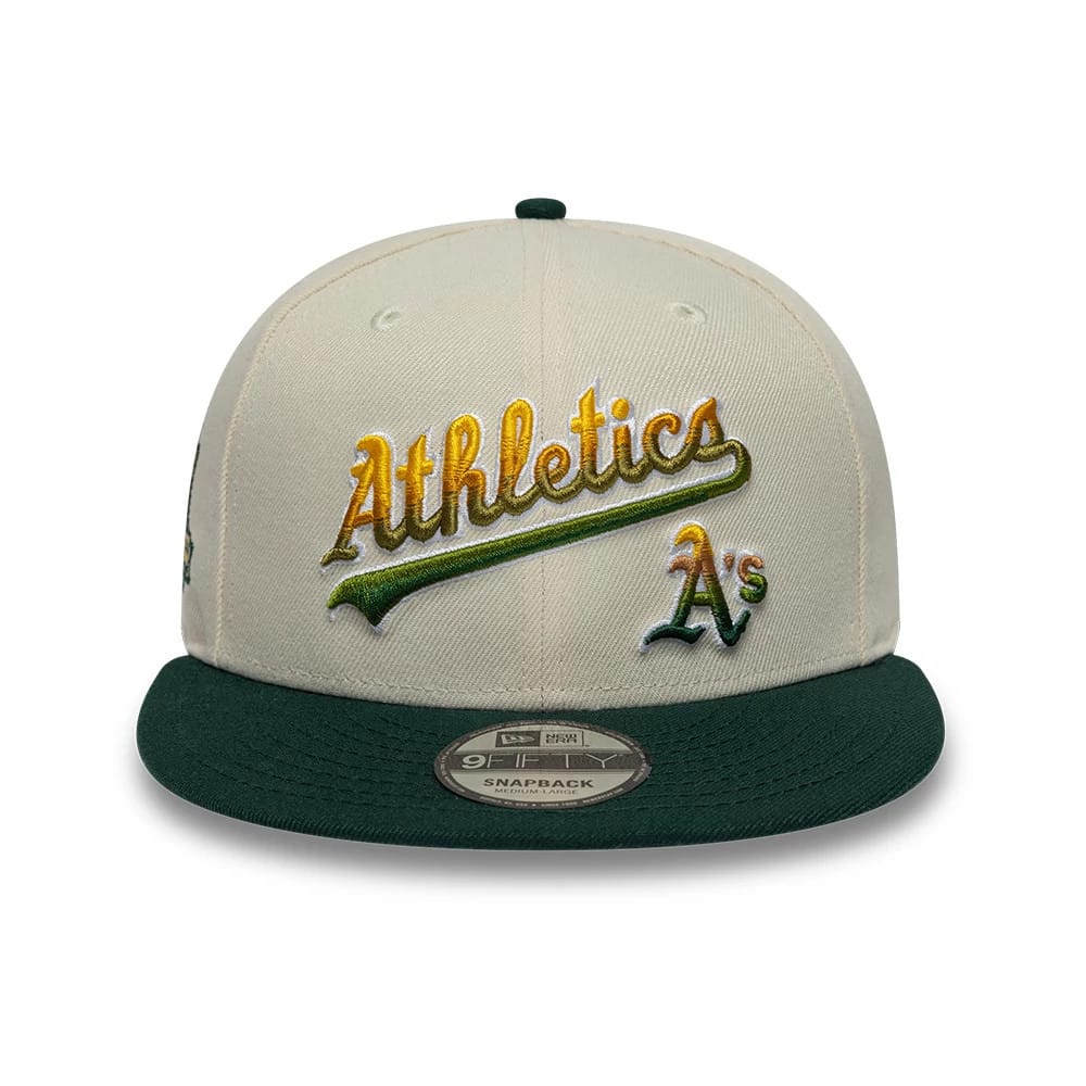 Pictured is this MLB Ombre Script Athletics 9FIFTY Snapback cap in light beige & dark green. 2