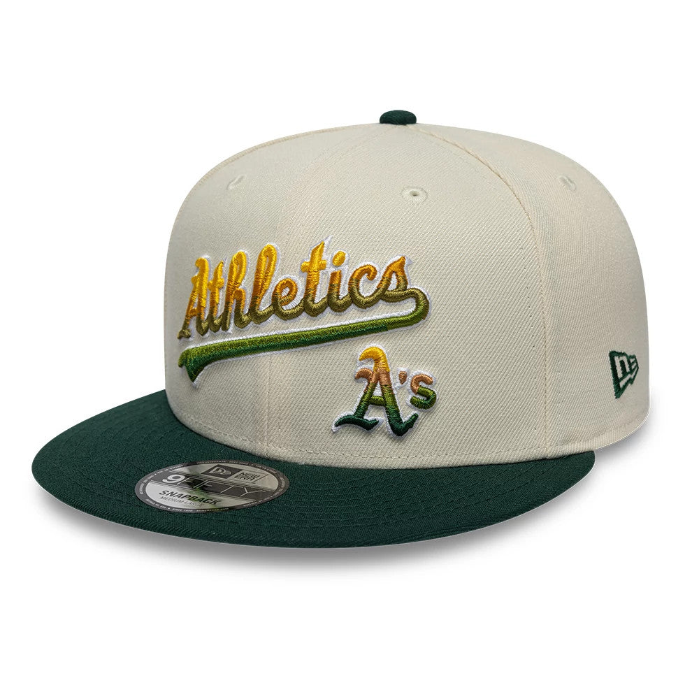Pictured is this MLB Ombre Script Athletics 9FIFTY Snapback cap in light beige & dark green. 3