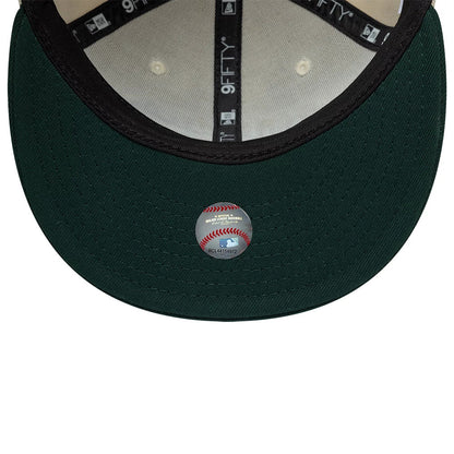 Athletics MLB Ombre Script Beige & Green New Era 9FIFTY Snapback Adjustable Cap, inside view showing the green undervisor, black taping with white 9FIFTY logo, and Major League Baseball holographic sticker at the centre.