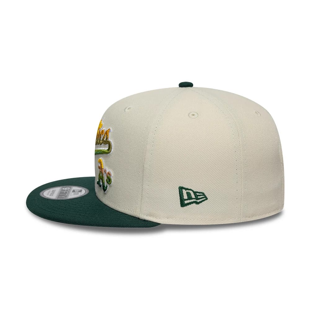 Pictured is this MLB Ombre Script Athletics 9FIFTY Snapback cap in light beige. 5