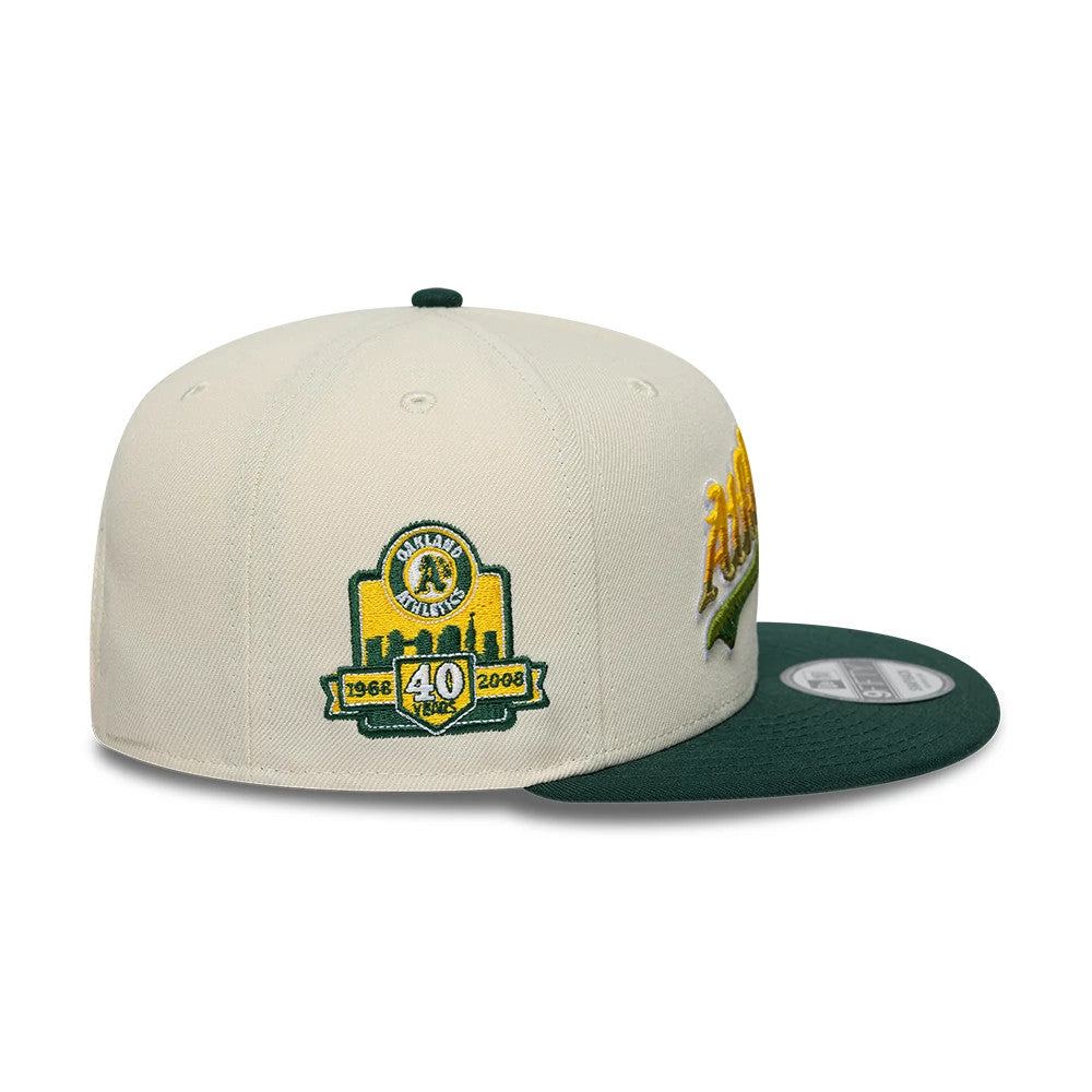 Pictured is this MLB Ombre Script Athletics 9FIFTY Snapback cap in light beige & dark green. 4