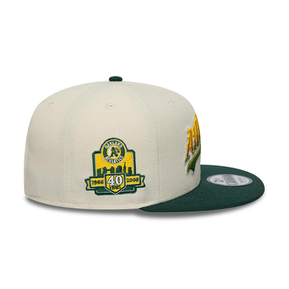Pictured is this MLB Ombre Script Athletics 9FIFTY Snapback cap in light beige & dark green. 4