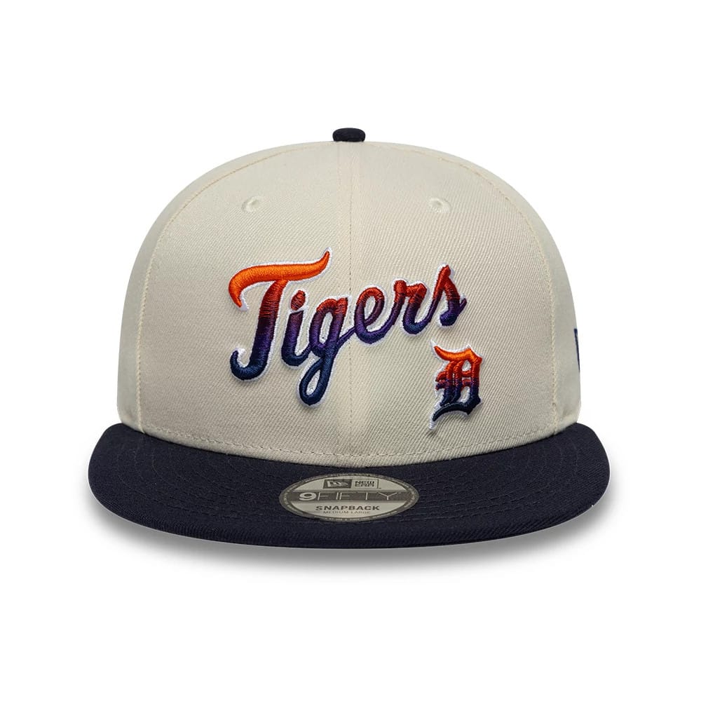Pictured is this MLB Ombre Script Detroit Tigers 9FIFTY Snapback cap in light beige & navy. 2