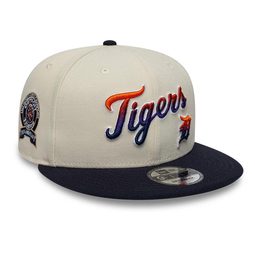Pictured is this MLB Ombre Script Detroit Tigers 9FIFTY Snapback cap in light beige. 1