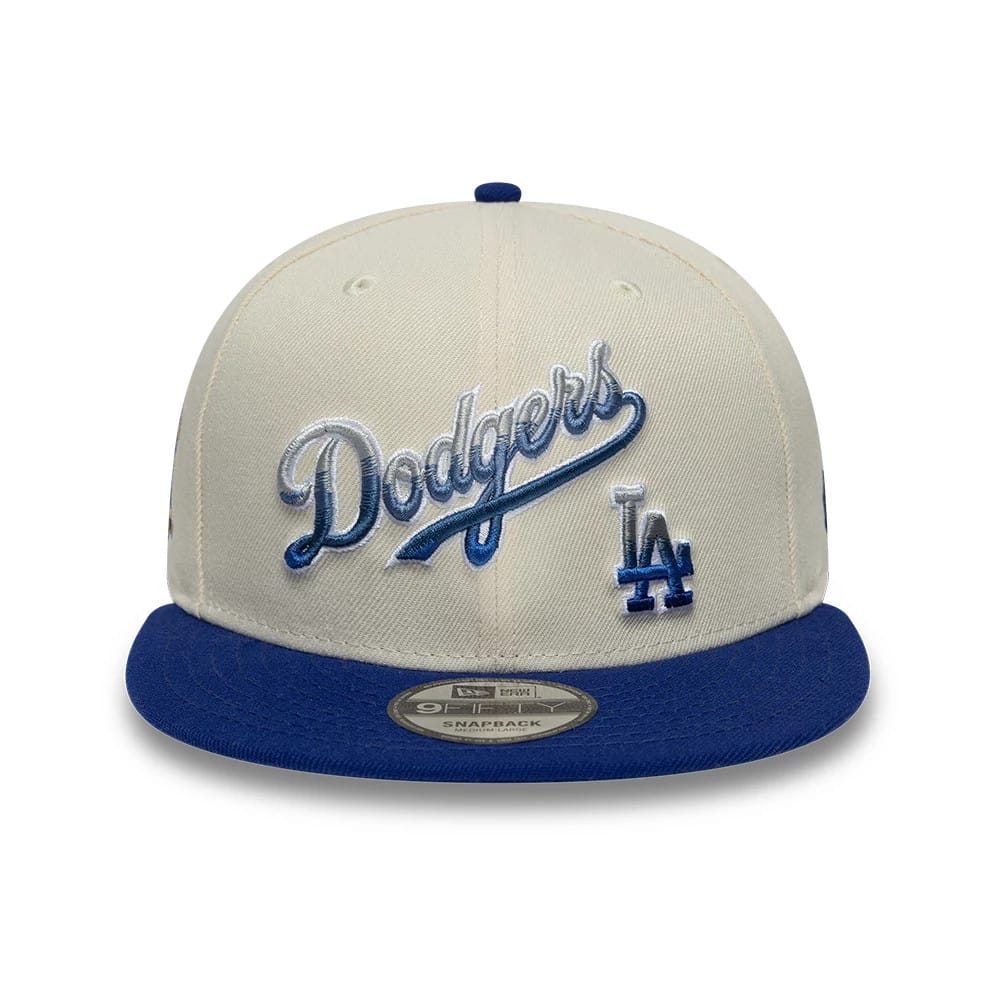 Pictured is this MLB Ombre Script Los Angeles Dodgers 9FIFTY Snapback cap in light beige & blue. 2