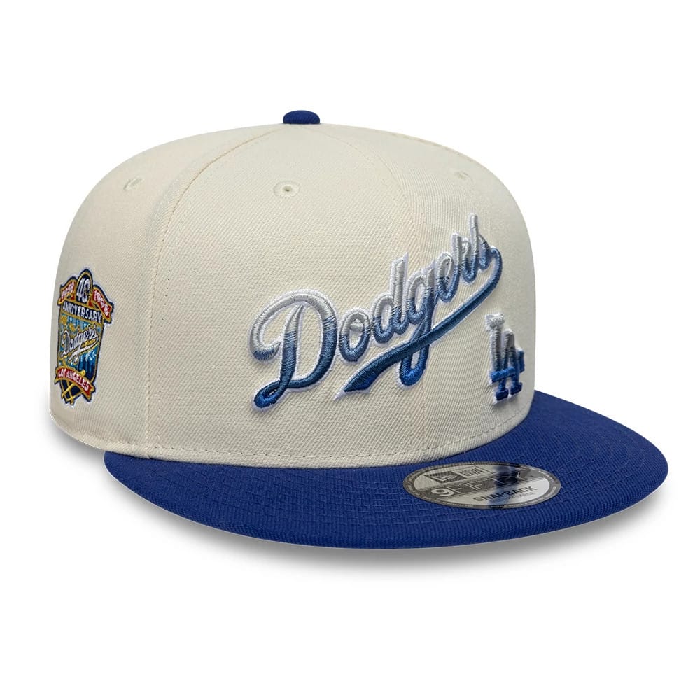 Pictured is this MLB Ombre Script Los Angeles Dodgers 9FIFTY Snapback cap in light beige. 1