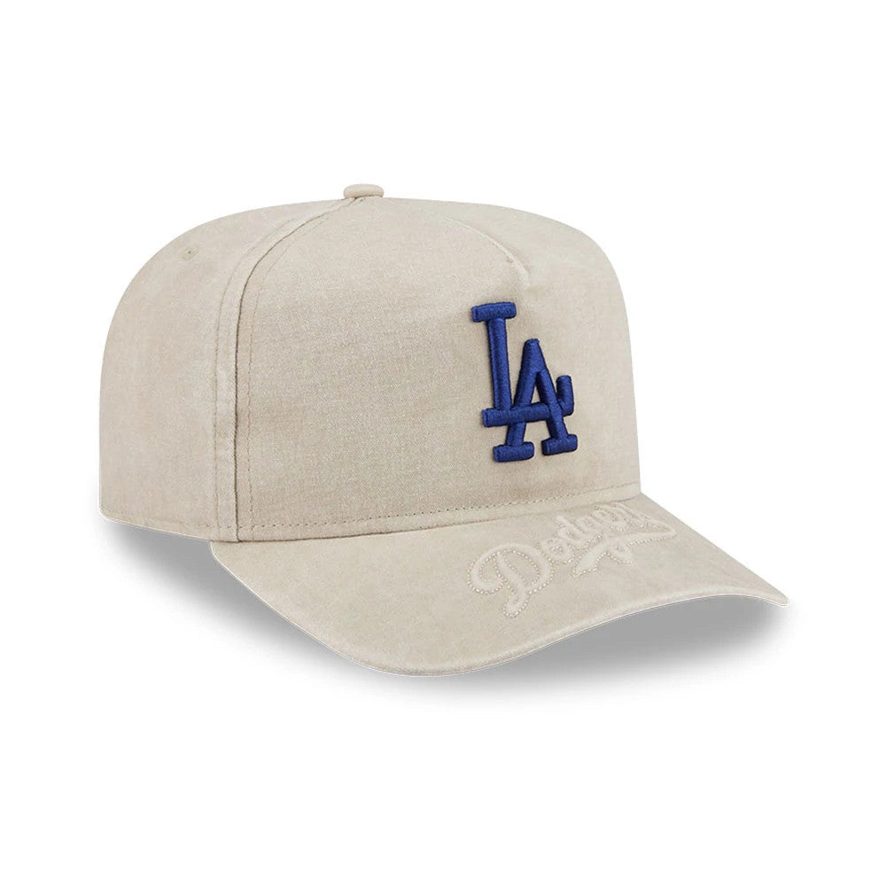 LA Dodgers MLB Light Beige New Era 9FIFTY A-Frame Snapback Adjustable Cap, three-quarter view showing the raised blue LA logo embroidered on the front panel, with a matching light beige visor and Dodgers script in embroidery on the visor.