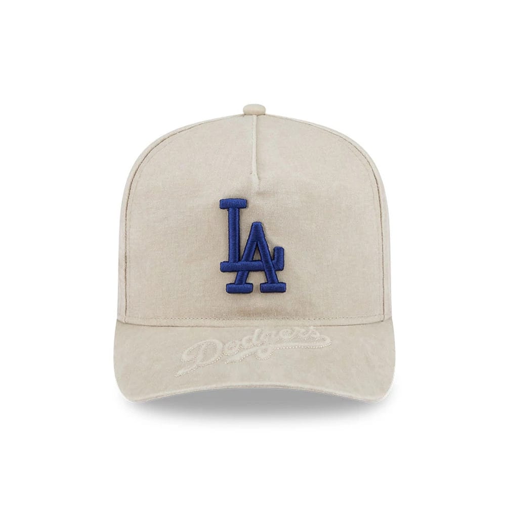 Pictured is this MLB LA Dodgers 9FIFTY A-Frame Snapback cap in light beige. 2