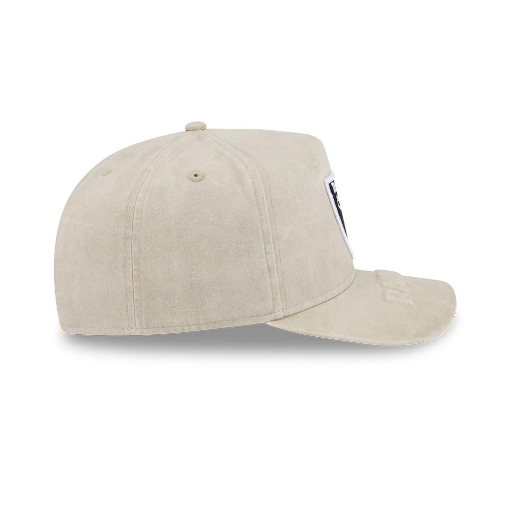 Pictured is this NFL Las Vegas Raiders 9FIFTY A-Frame Snapback cap in light beige. 7