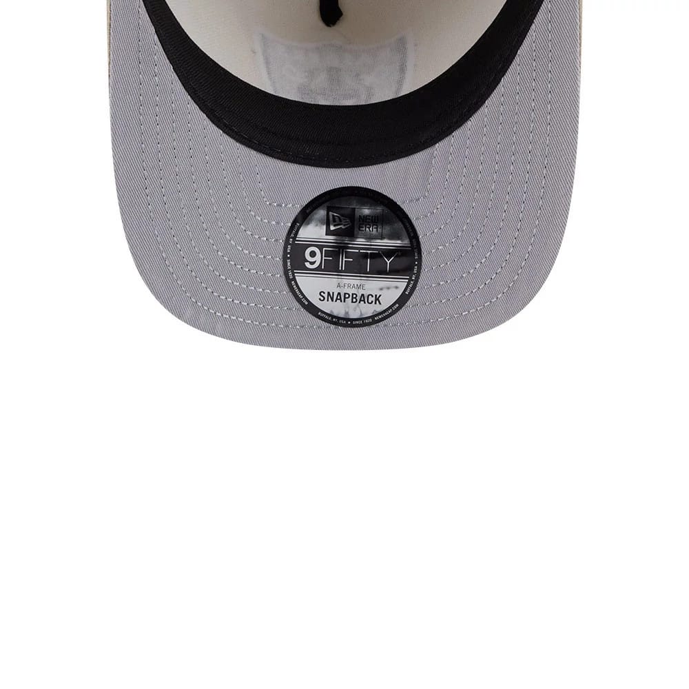 Pictured is this NFL Las Vegas Raiders 9FIFTY A-Frame Snapback cap in light beige. 2