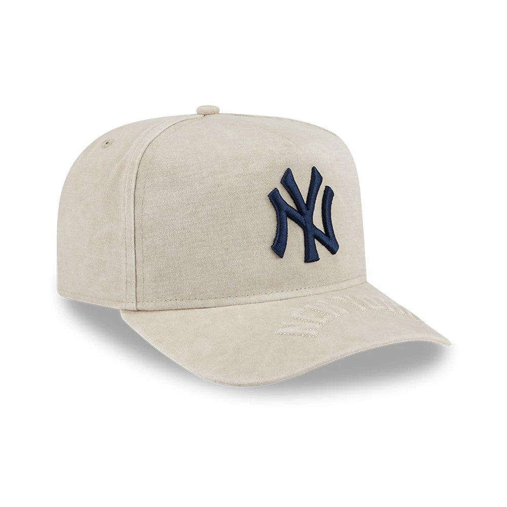 New York Yankees MLB Light Beige New Era 9FIFTY A-Frame Snapback Adjustable Cap, three-quarter view showing a navy embroidered Yankees logo on the front panel, light beige structured crown, and a curved visor with stitching detail.