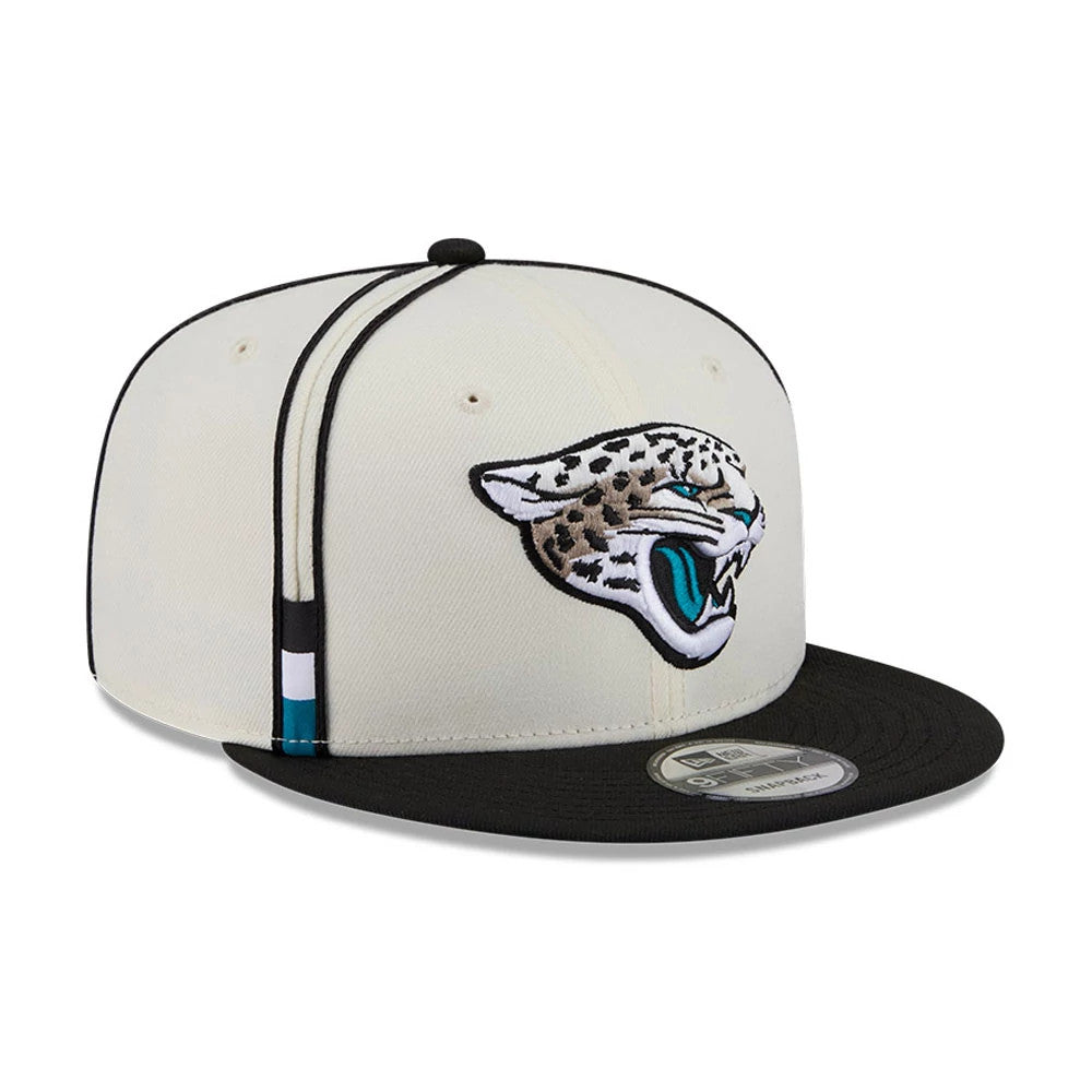 Pictured is this NFL Rivalry 2026 Jacksonville Jaguars 9FIFTY Snapback cap in white and black. 4