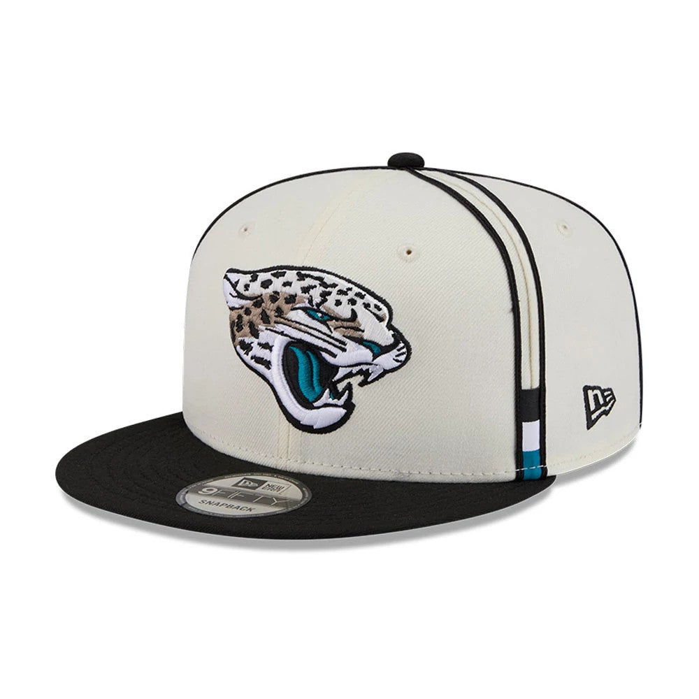 Pictured is this NFL Rivalry 2026 Jacksonville Jaguars 9FIFTY Snapback cap in white and black. 1