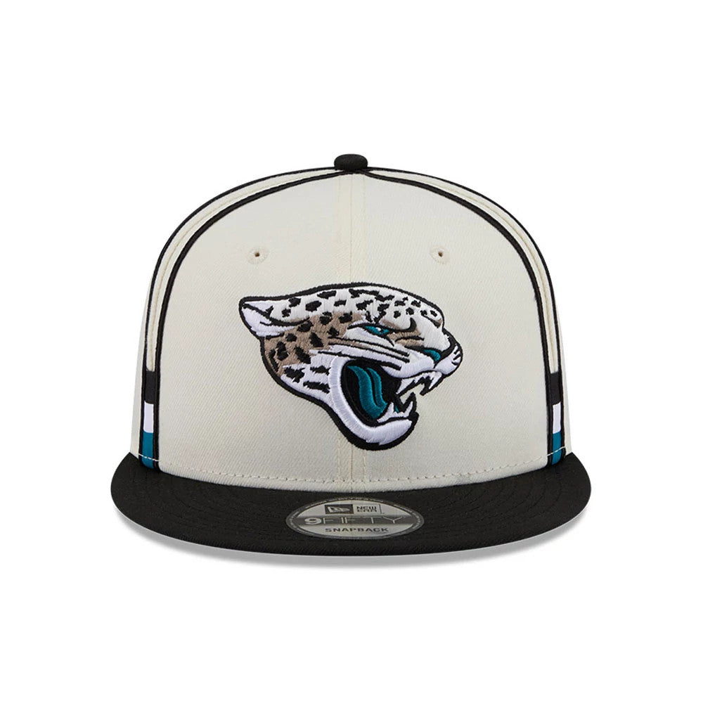 Pictured is this NFL Rivalry 2026 Jacksonville Jaguars 9FIFTY Snapback cap in white and black. 3