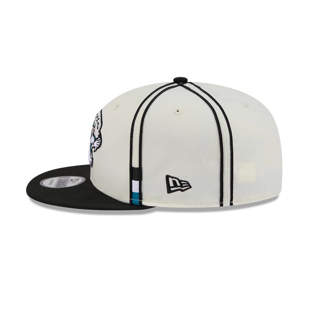 Pictured is this NFL Rivalry 2026 Jacksonville Jaguars 9FIFTY Snapback cap in white and black. 5