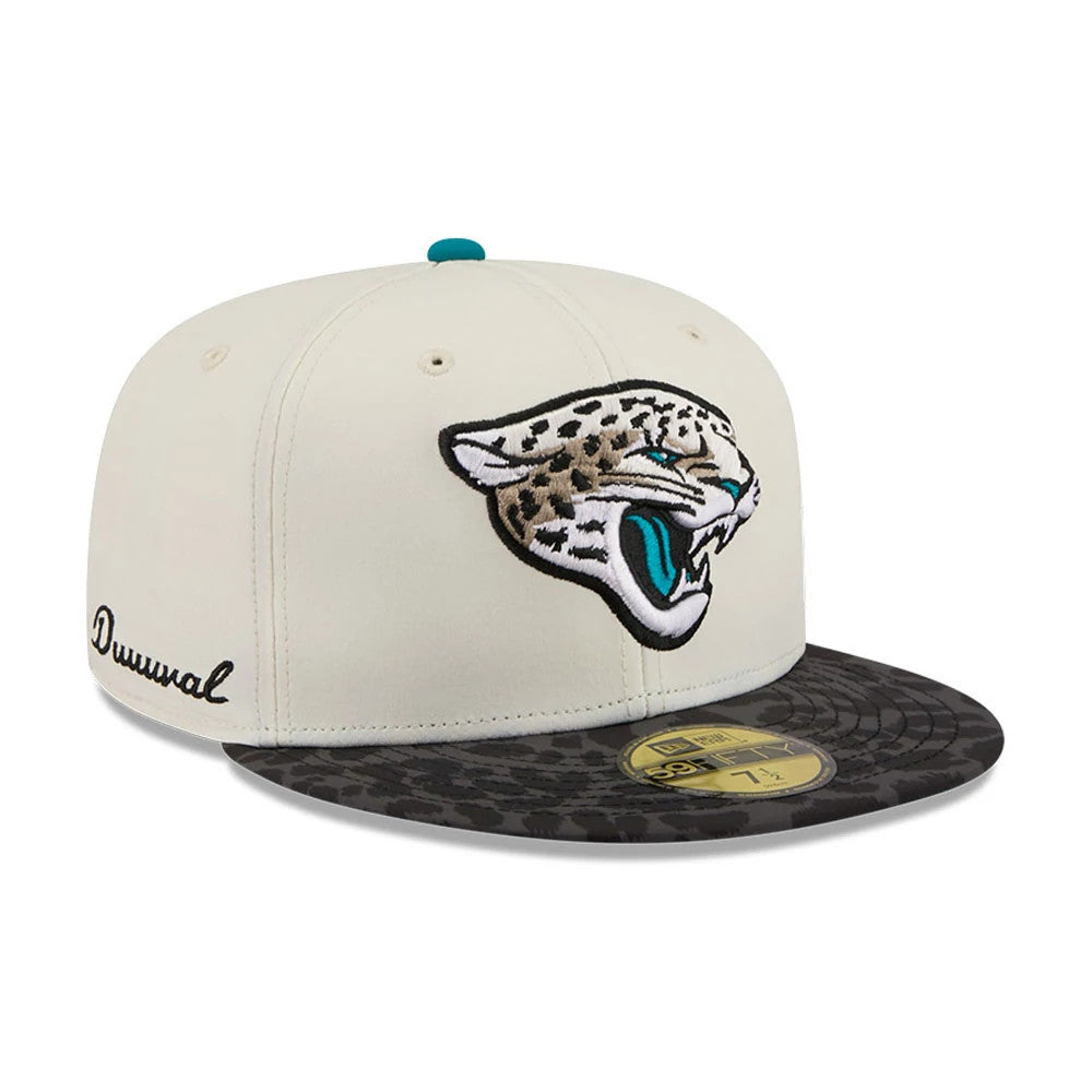 Pictured is this NFL Rivalry 2026 Jacksonville Jaguars 59FIFTY Fitted cap in white & jaguar print. 1