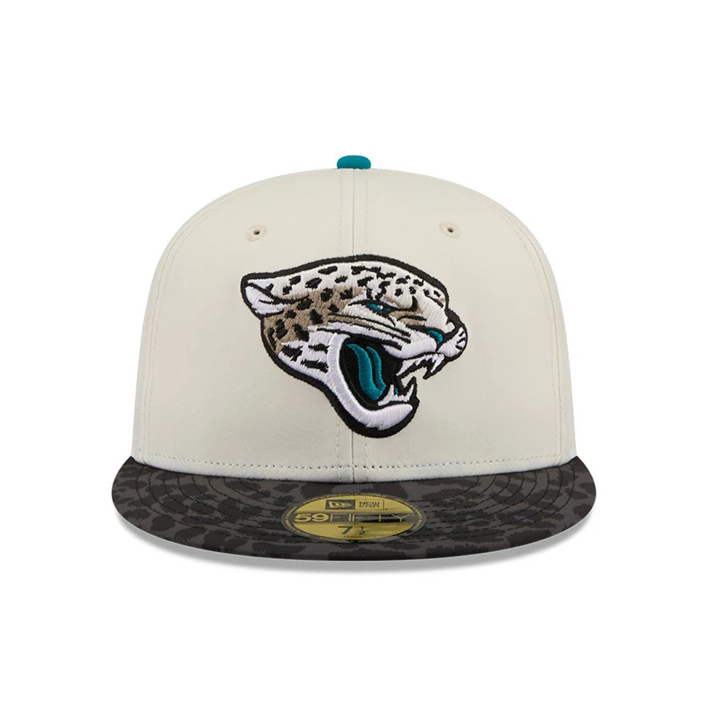 Pictured is this NFL Rivalry 2026 Jacksonville Jaguars 59FIFTY Fitted cap in white & jaguar print. 3