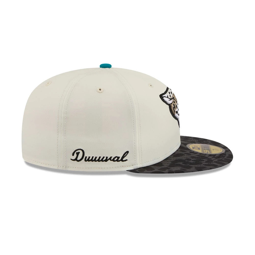 Pictured is this NFL Rivalry 2026 Jacksonville Jaguars 59FIFTY Fitted cap in white & jaguar print. 7
