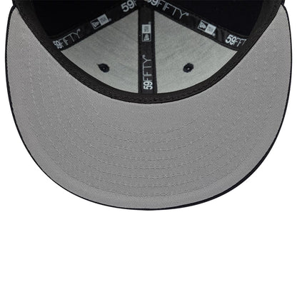 Gettomasa X New Era Navy 59FIFTY Fitted Cap, inside view showing the grey undervisor, black 59FIFTY branded taping across the seams, and a black sweatband lining the edge of the crown interior.