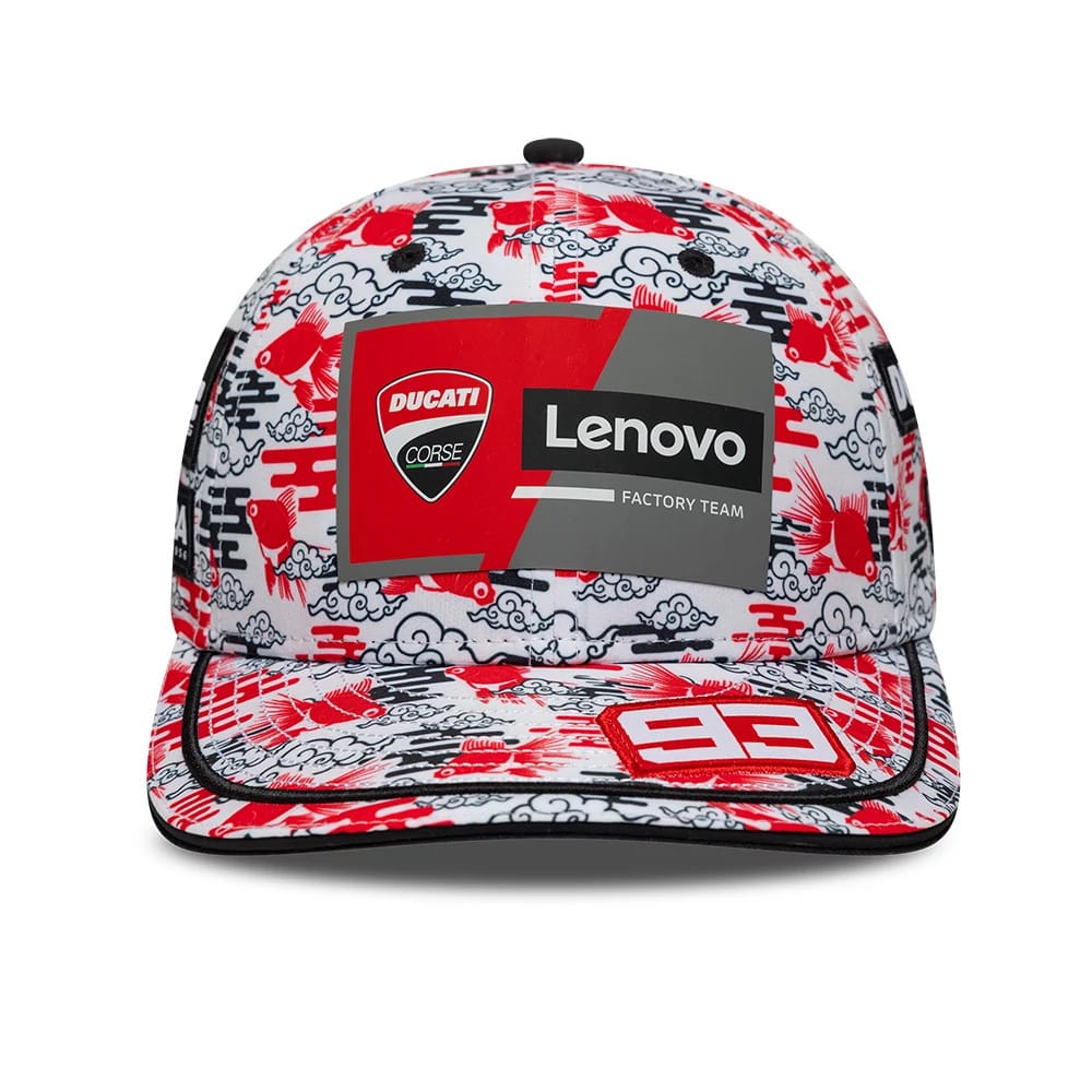 Pictured is this Ducati Motor Replica Marc Márquez Japan Race Special All Over Print 9FIFTY Low Profile Adjustable cap. 3