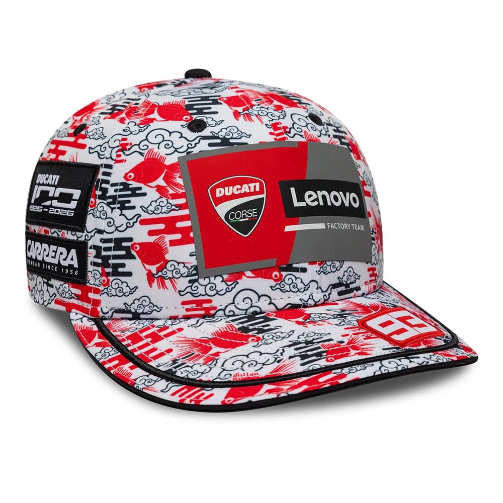 Pictured is this Ducati Motor Replica Marc Márquez Japan Race Special All Over Print 9FIFTY Low Profile Adjustable cap. 1