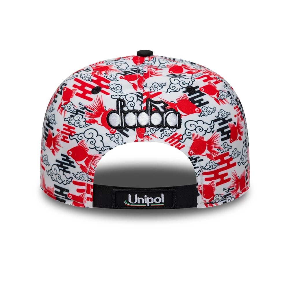 Pictured is this Ducati Motor Replica Marc Márquez Japan Race Special All Over Print 9FIFTY Low Profile Adjustable cap. 5